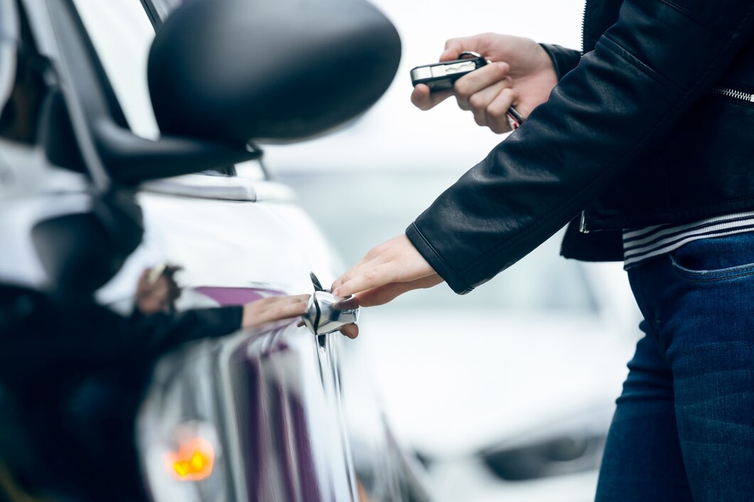 Conductrice ouvre une voiture blanche avec clé électronique, service auto atra à gaillac