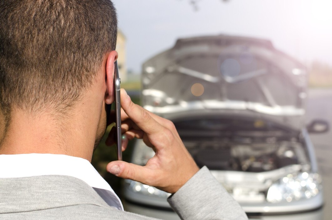 Automobiliste appelant atra pour une voiture en panne capot ouvert sur le bord de la route à Gaillac